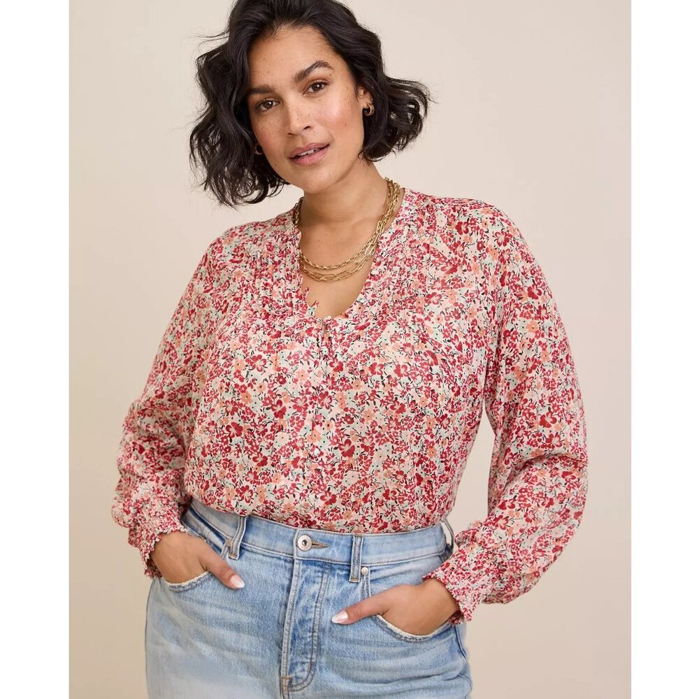 Torrid Crinkle Chiffon Smocked Blouson Sleeve Blouse Size 00 Ditsy Floral Print